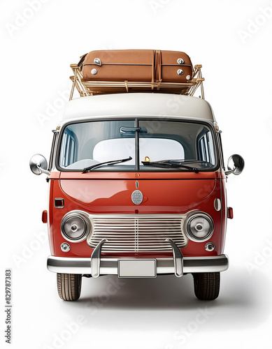 Front view of a red and white vintage van in a white background