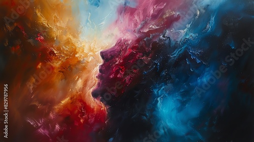Abstract portrait of a woman with vibrant colors and swirling shapes.