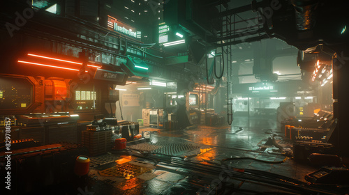 Futuristic cyberpunk city scene with neon lights and wet streets photo
