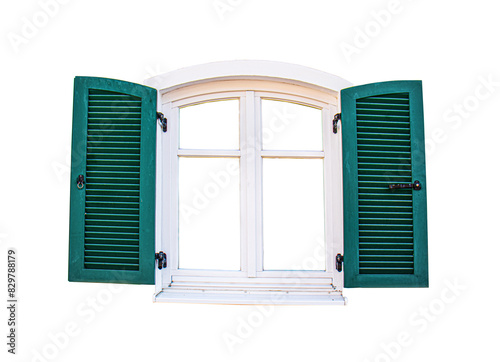 open window with green wooden shutters on white background