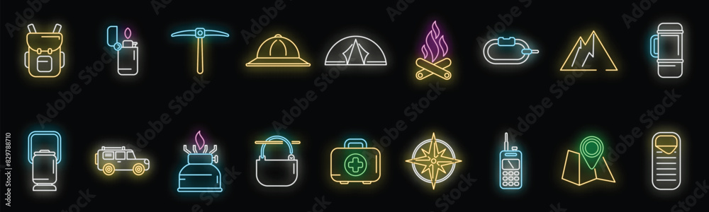 Expedition icons set outline vector. Hiker adventure. Alpine wind neon color on black Expedition icons set outline vector. Hiker adventure. Alpine wind neon color on black
