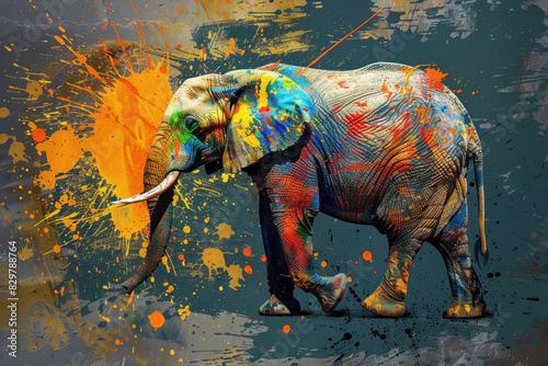 Colorful elephant with vibrant paint splatter background © standret