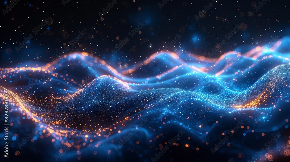 An ethereal image of glowing blue wave patterns on a dark background, reminiscent of bioluminescence and digital constructs An ethereal image of glowing blue wave patterns on a dark background, reminiscent of bioluminescence and digital constructs
