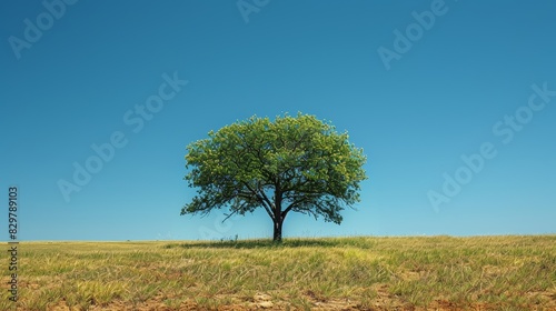 A lone tree stands tall in an open field with clear blue sky  symbolizing tranquility and resilience