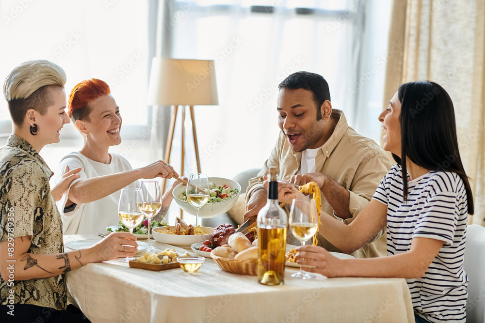 A diverse group of people sitting around a table, eating delicious food and enjoying each others company.