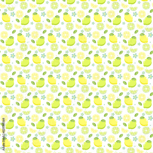 Seamless pattern of lemons, lemon slices and lime