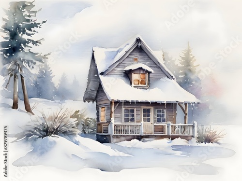 Winter Cottage House Nature Watercolor Art