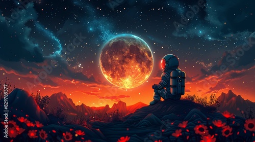 A vibrant illustration of an astronaut with a backpack gazing at a huge moon in a starry night sky above an alien landscape photo