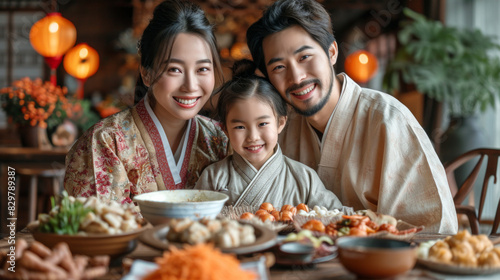 A joyful Asian family in traditional attire smiling warmly during a meal