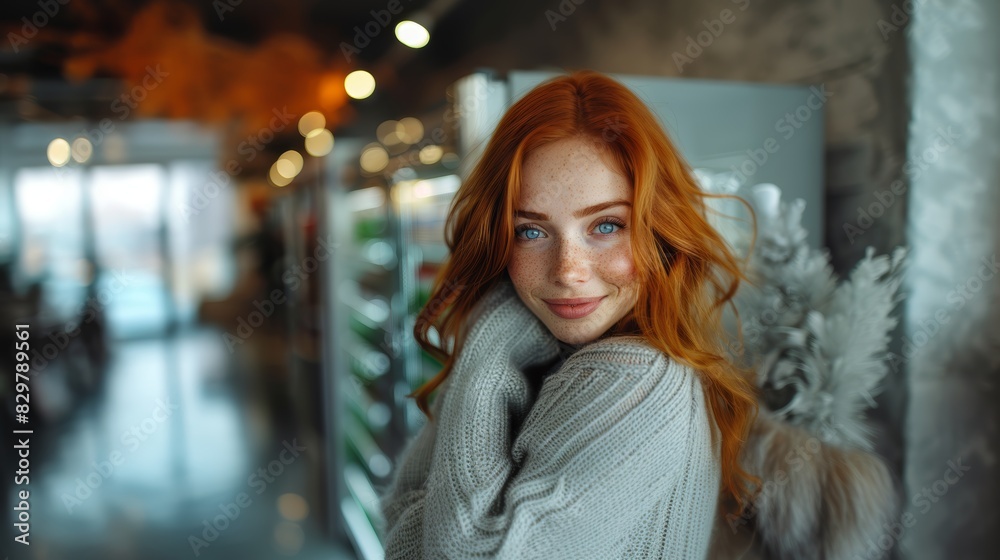 A young redheaded woman in a warm sweater gazes happily in a cozy cafe setting A young redheaded woman in a warm sweater gazes happily in a cozy cafe setting