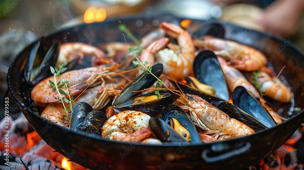 A close-up of shrimp and mussels on an open fire A close-up of shrimp and mussels on an open fire