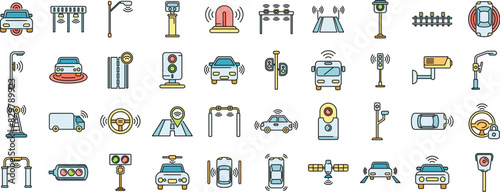 Road sensors icons set outline vector. Safety traffic. System control thin line color flat on white