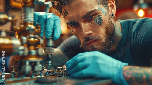 A tattoo artist with gloved hands working meticulously on a tattoo, focusing on detail and precision