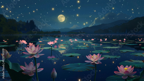 Fototapeta Naklejka Na Ścianę i Meble -  Serene night by the lake with lotus flowers and full moon