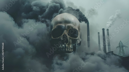Industrial Pollution concept with human skull in smoke rising from industrial plant smoke stack