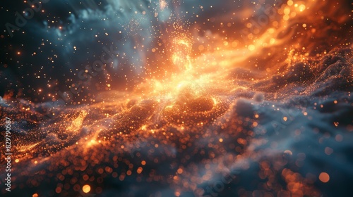 High-definition image of sparkling fire-like particles creating a dynamic and vivid abstract scene photo