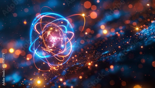 Detailed atomic structure with vibrant protons, neutrons, and electrons orbiting the nucleus.