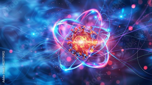 Detailed atomic structure with vibrant protons, neutrons, and electrons orbiting the nucleus.