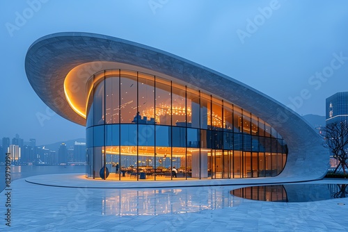 Modern architecture with curved design, glass facade, and illuminated interior.