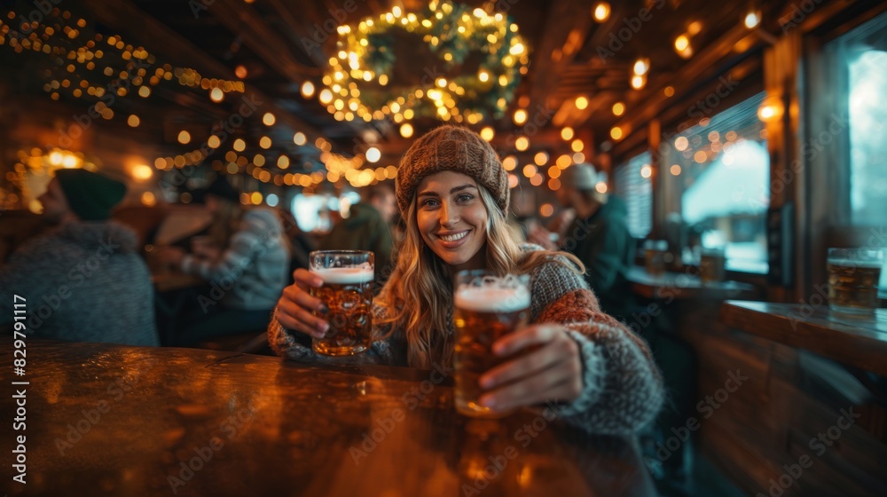 Cheerful young woman toasting with a beer mug in a cozy pub with festive lights in the background