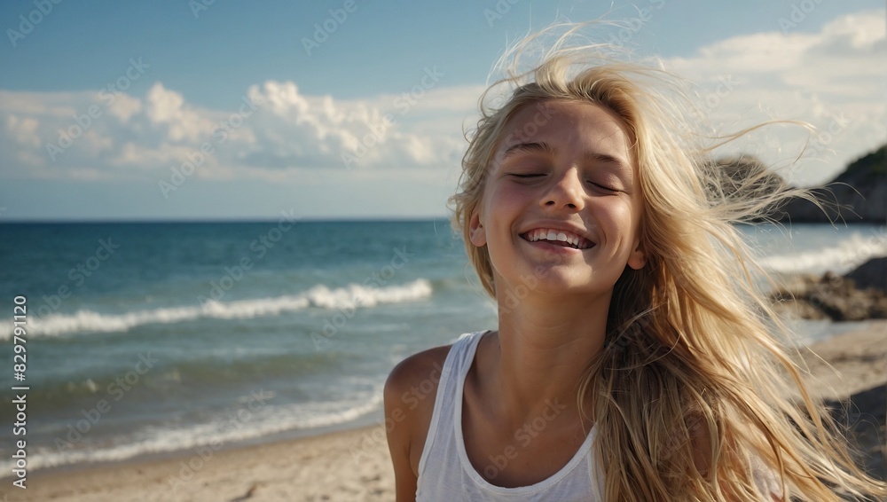 Young girl with closed eyes enjoing sea wind blowing in face, Smilling blonde girl enjoying nature of island,.Concept of beach summer vacation Young girl with closed eyes enjoing sea wind blowing in face, Smilling blonde girl enjoying nature of island,.Concept of beach summer vacation
