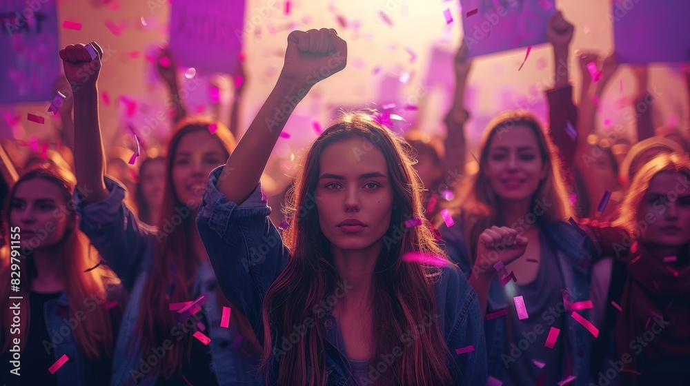Determined young woman with a raised fist standing in a crowd during a protest at dusk