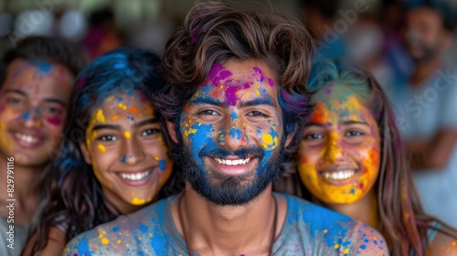 Vibrant group portrait of young adults with colorful paint on their faces celebrating the Holi festival