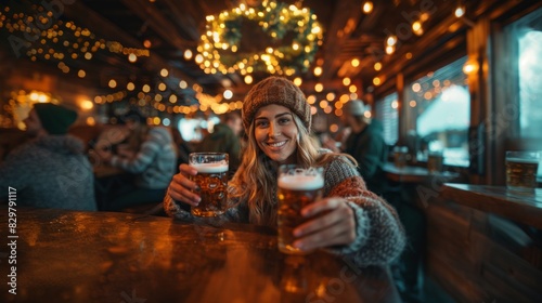 Cheerful young woman toasting with a beer mug in a cozy pub with festive lights in the background
