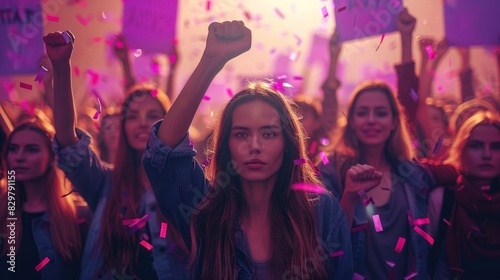 Determined young woman with a raised fist standing in a crowd during a protest at dusk