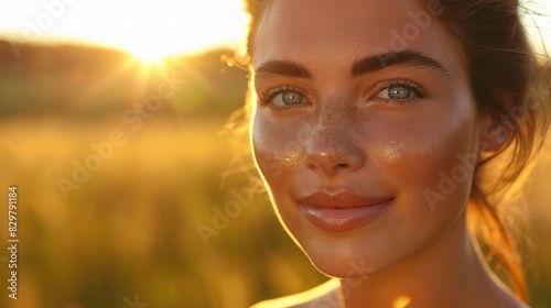 beautiful woman with clear, dewy face skin highlighted by golden hour sunligh