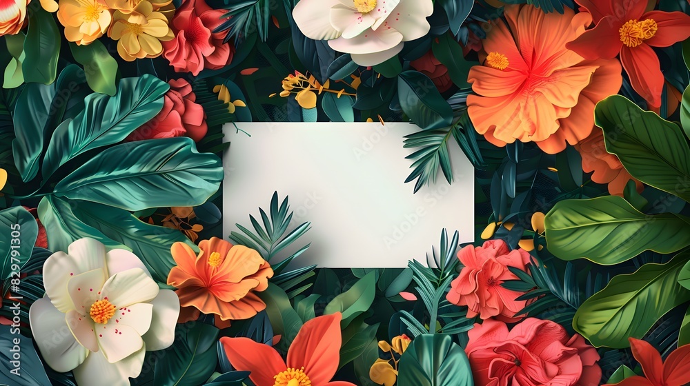 White paper surrounded by a nature background of colorful flowers and leafy greens with copy space for text White paper surrounded by a nature background of colorful flowers and leafy greens with copy space for text