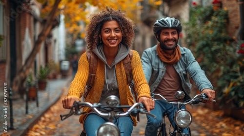 A joyful couple ride bicycles on a picturesque autumnal street lined with fallen leaves and plants © AS Photo Family