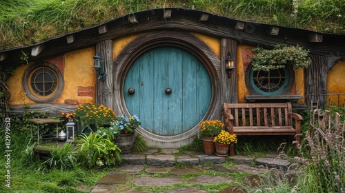 A picturesque view of a hobbit-style house with a round door, lush greenery, and vibrant flowers