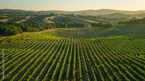 From a high vantage point  the intricate layout of a vineyard becomes apparent  with neatly aligned rows of grapevines stretching across rolling hills