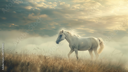 Majestic white horse wandering in a misty field at sunrise