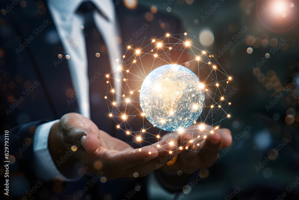 Fototapeta premium View of a Businessman holding a 3d rendering globe with network connections