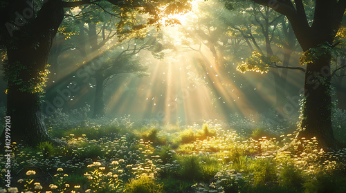 printable mural of a misty forest at dawn with sunlight filtering through the trees dew glistening on the leaves and the quiet hush of the morning creating a sense of magic and mystery photo