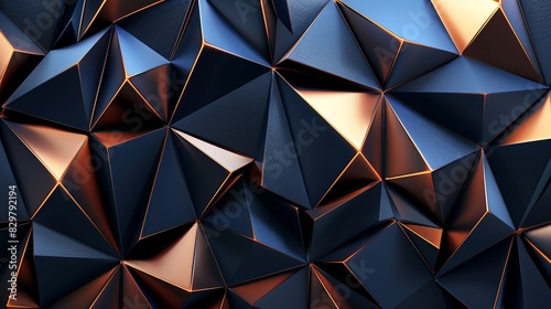Abstract background with low poly triangles in dark blue and copper colors. High resolution, sharp details. Abstract polygonal wallpaper for design, banner or cover. Minimal geometric pattern. High qu