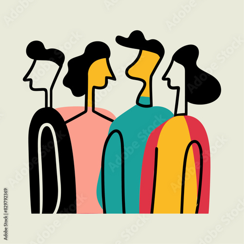 Abstract illustration of a group of multi coloured people standing together in friendship