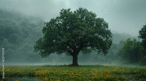 A lone oak stands resilient amidst a misty meadow with wild yellow flowers, capturing a serene, atmospheric moment in nature