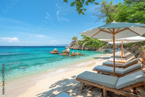 Sunny tropical beach with pristine turquoise water  luxurious sun loungers  and inviting parasol shade  ideal for relaxation and holidays.