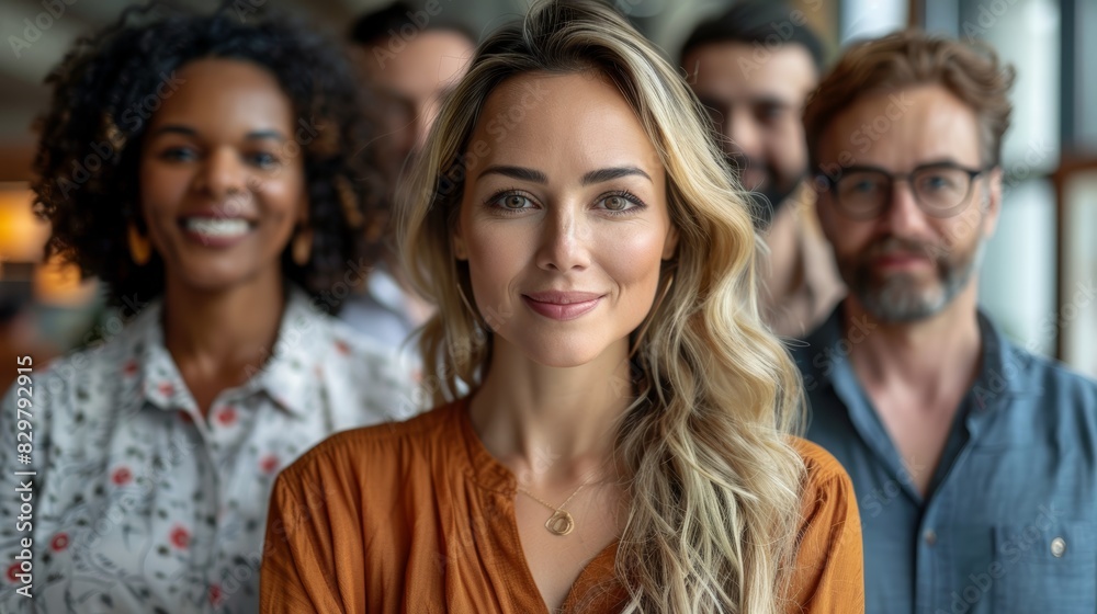 A vibrant group of professionals smile confidently, with a focus on the woman at the forefront
