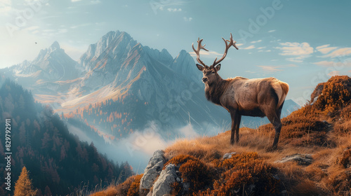 Majestic elk standing on mountain ridge overlooking alpine landscape