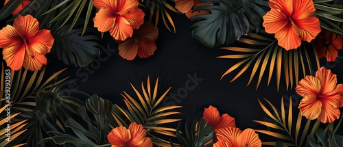 Abstract background with orange and red hibiscus flowers, palm leaves, exotic plants, top view. vector illustration design for banner, poster or wallpaper. Dark color, black background, hyper realisti photo