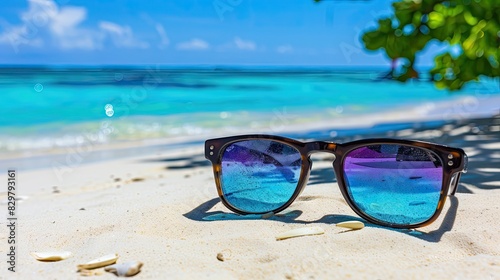 Sunglasses on the beach with a copy space banner for a summer vacation and travel concept. A blurred background of tropical sand, sea water, palm tree leaves and sun shadow.