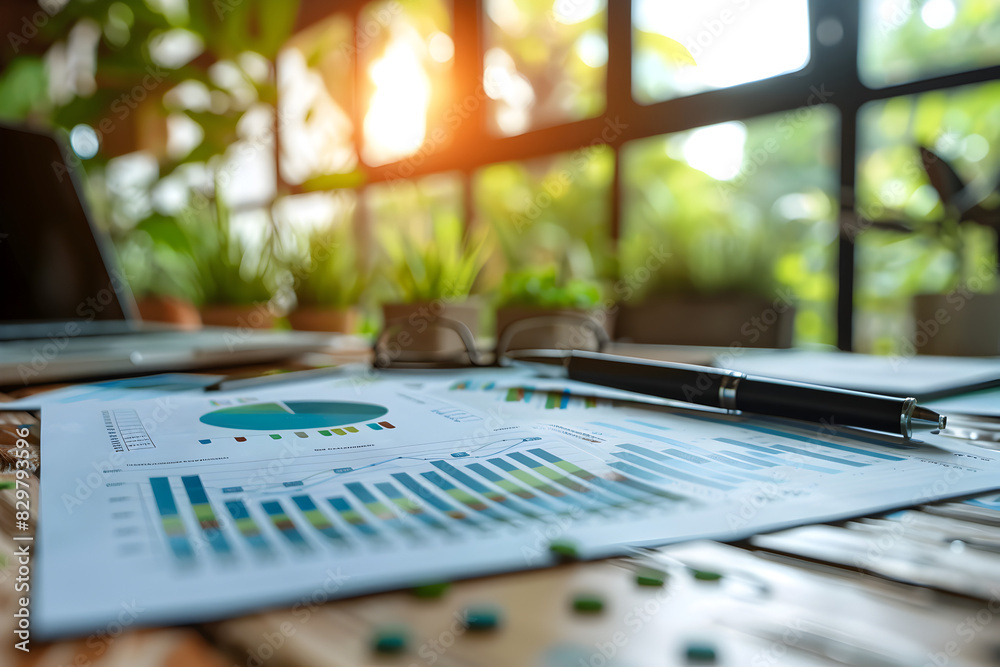 Neatly arranged bar charts and graphs symbolize diverse business metrics on a desk in a serene office environment white background Neatly arranged bar charts and graphs symbolize diverse business metrics on a desk in a serene office environment white background