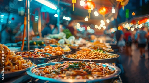 Vibrant Night Market with Global Delicacies under Professional Lighting