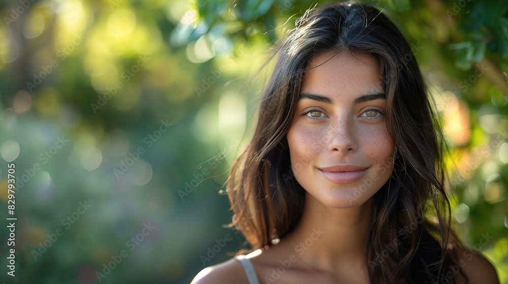 beautiful woman with flawless face skin, smiling gently in a natural outdoor beautiful woman with flawless face skin, smiling gently in a natural outdoor