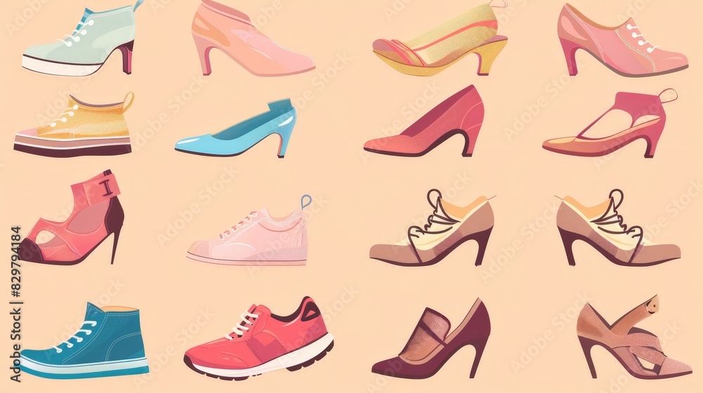 Illustrate a comparison chart of dance footwear for different styles, such as ballet slippers, tap shoes, jazz sneakers, and ballroom heels.