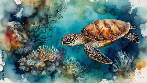 turtle swimming in sea with reefs  watercolor painting wallpaper background